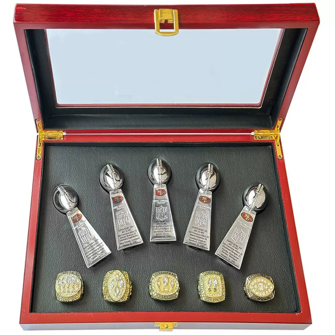 49ers NFL Super Bowl Dynasty 5 Rings & 5 Trophies Set – Montana, Rice & Young Collector’s Edition