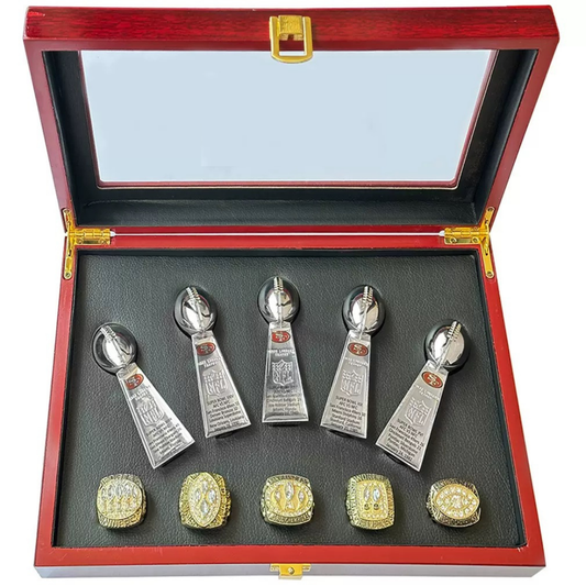 49ers NFL Super Bowl Dynasty 5 Rings & 5 Trophies Set – Montana, Rice & Young Collector’s Edition