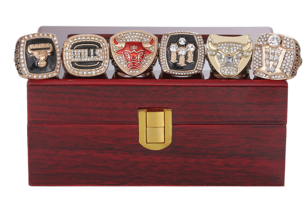 NEW MICHAEL JORDAN NBA CHAMPIONSHIP 6 RING SET CHICAGO BULLS with Rosewood Box