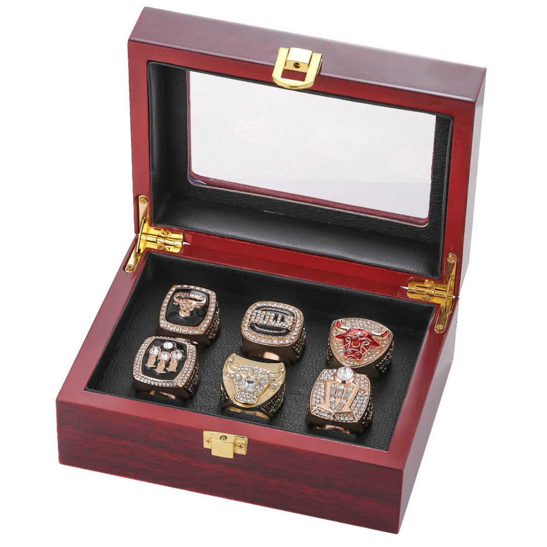 NEW MICHAEL JORDAN NBA CHAMPIONSHIP 6 RING SET CHICAGO BULLS with Rosewood Box
